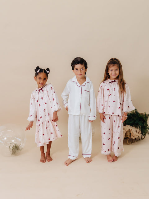 Girls Classic Christmas Pajamas in Pink with Burgundy Bow Accents