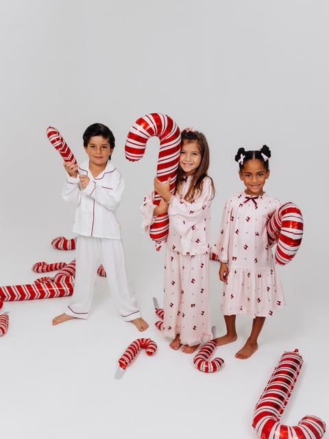 Girls Classic Christmas Pajamas in Pink with Burgundy Bow Accents