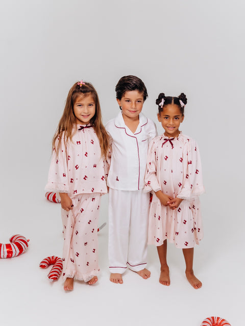 Girls Classic Christmas Pajamas in Pink with Burgundy Bow Accents