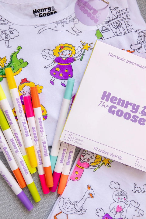 Coloring princess pajama with colorful markers and branded packaging. 